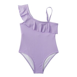swimsuit 女Peplum 新款 儿童连身纯色泳衣女童吊带斜肩荷叶边泳装
