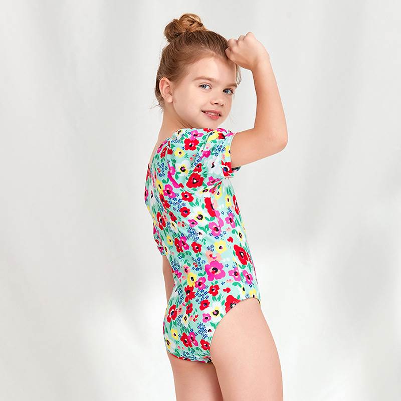 新款欧美女童舒适短袖印花儿童连身海边度假泳衣Holiday swimsuit