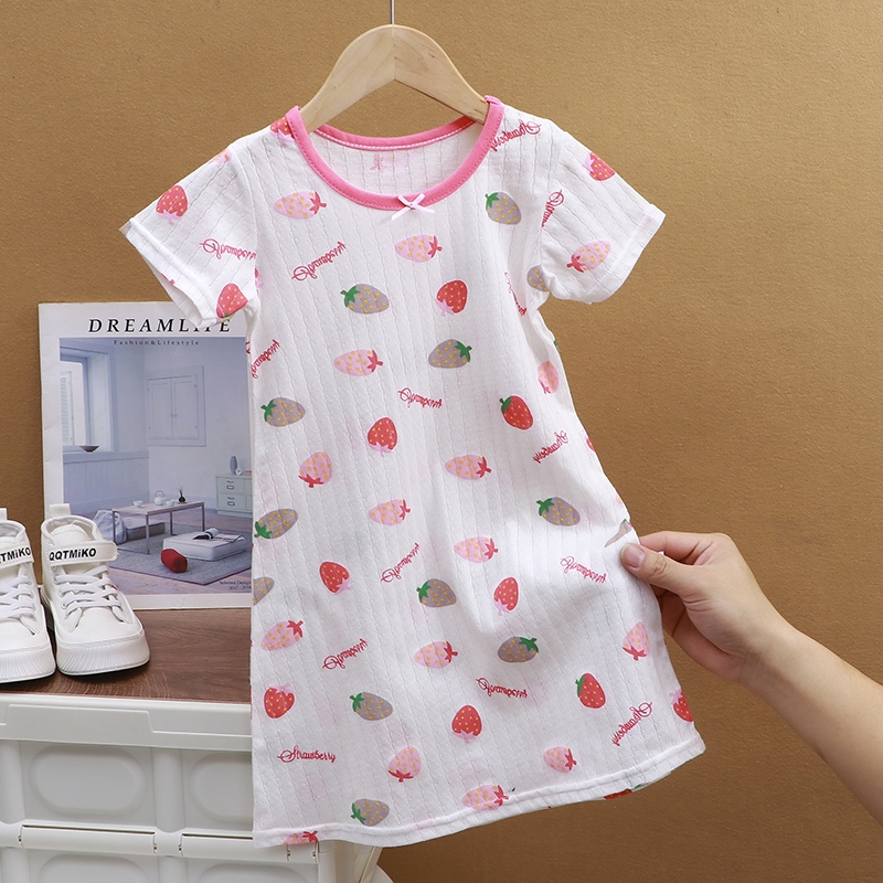 女童睡裙夏薄款儿童纯棉睡衣女中小大童宝宝短袖家居服草莓洋装