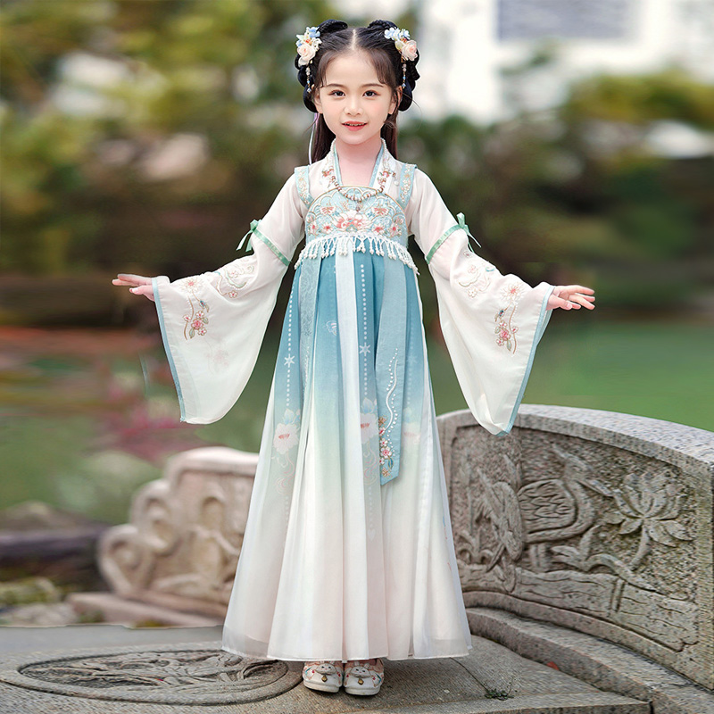 汉服女童公主裙蓝色刺绣唐装小女孩古筝演出服儿童古风宽袖连衣裙