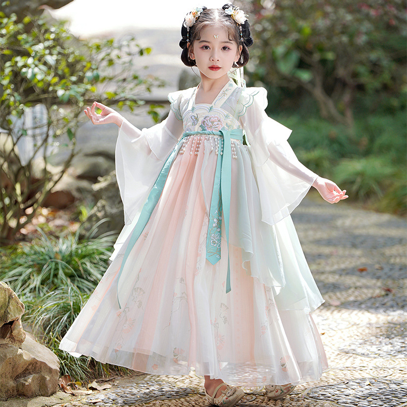 汉服女童秋季高端超仙古装连衣裙小女孩古风唐装中国风古筝演出服