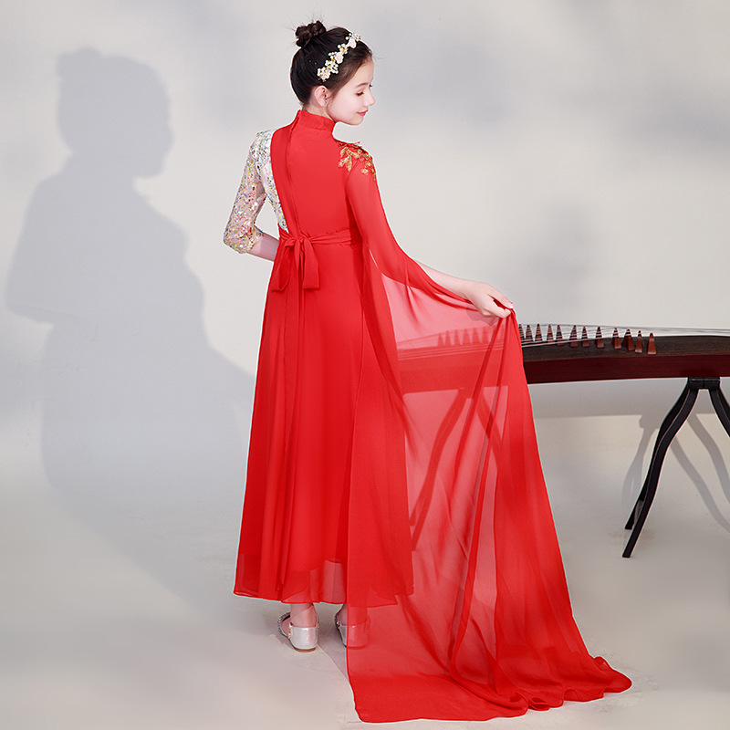 女童弹古筝演出服红色中国风古典舞民乐演奏大合唱艺考礼服裙六一