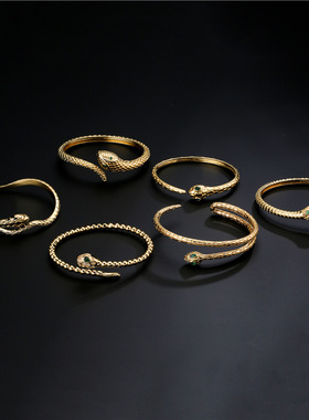 欧美跨境热卖复古铜镀18K金波西米亚风格蛇形开口手镯女