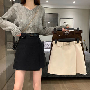 With Belt Autumn and Winter High Waist A- line Skirt Black S