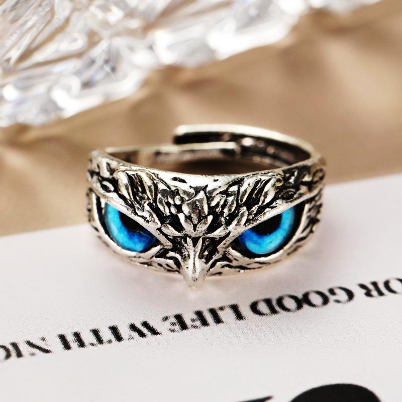 新品rings women 复古蓝色眼睛猫头鹰开口戒指创意可调节关节戒指