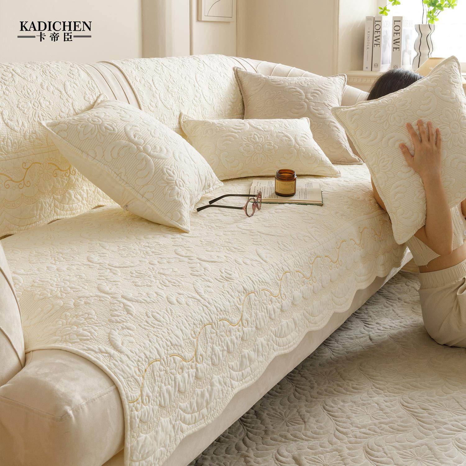 外面绣花绗棉高级感全棉沙发垫四季通用纯棉防滑坐垫套罩巾,居家布艺,沙发垫,淘宝优惠券,粉丝福利购,淘宝优惠卷