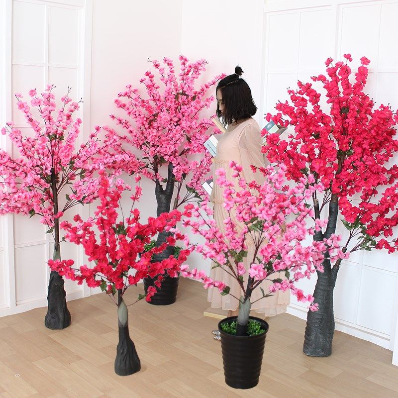 好货仿真桃花树客厅商场装饰盆栽假花落地盆景大型室内绢布植物树