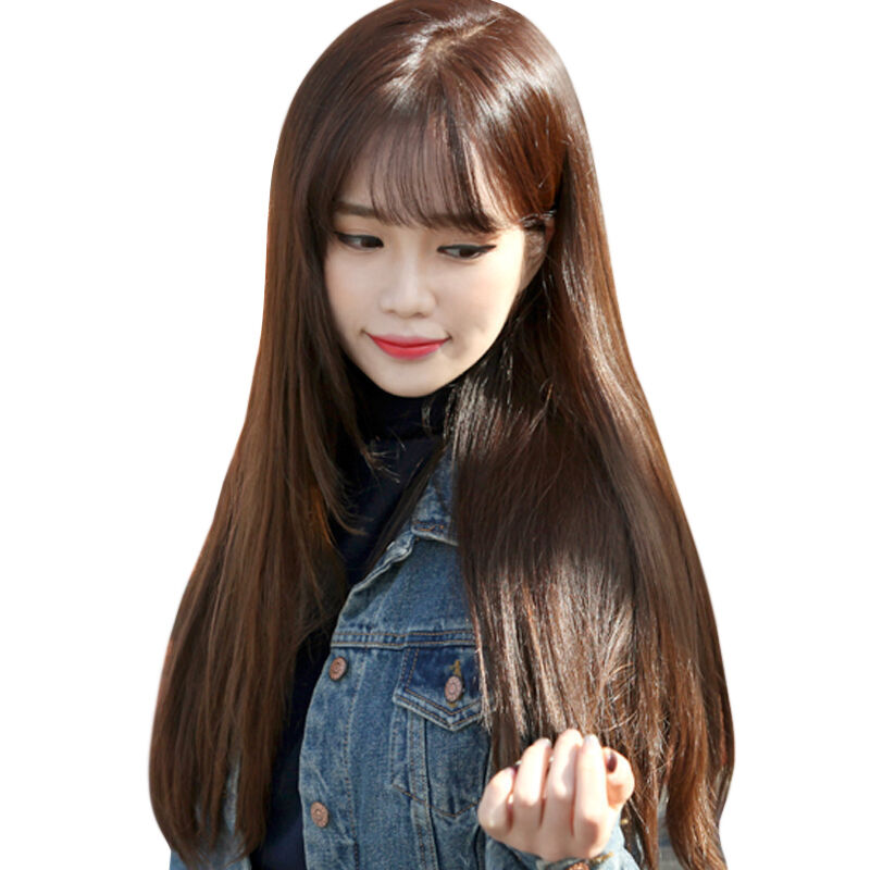 美元素假发女空气刘海长直发时尚学生整顶假发套深栗色