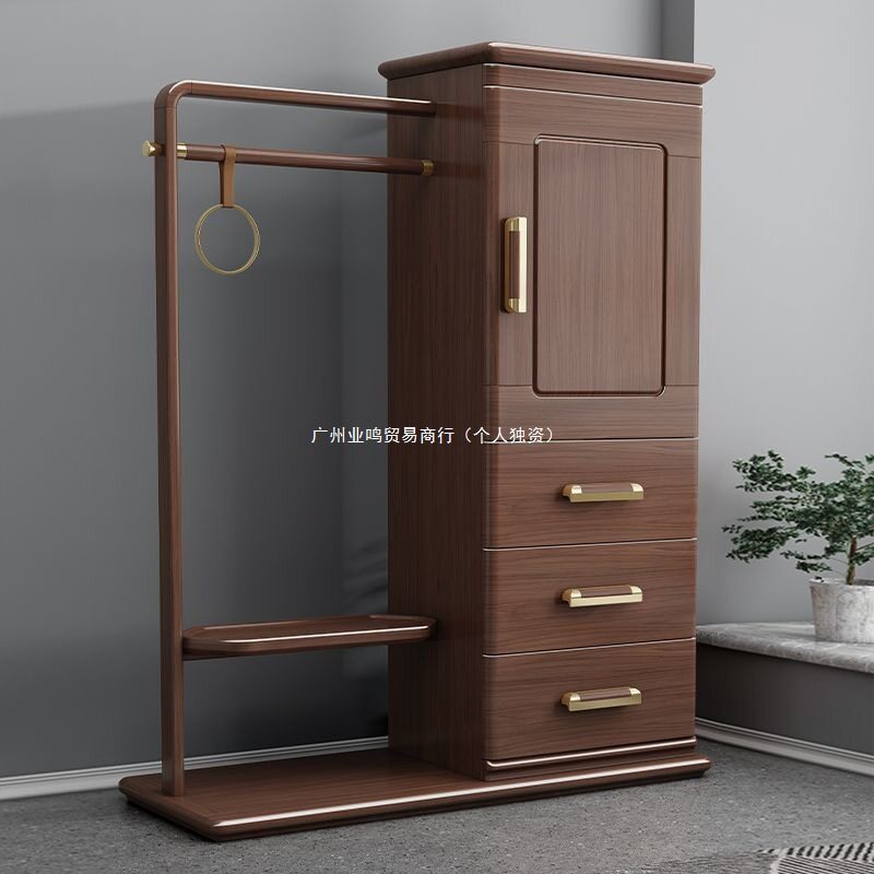 胡桃木新中式带镜衣帽架斗柜