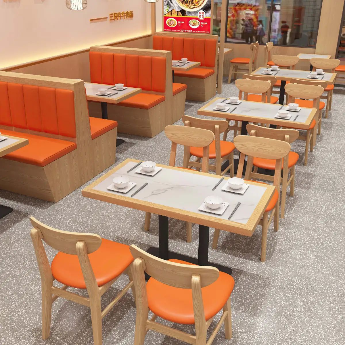 实木岩板食堂餐桌椅快餐店用