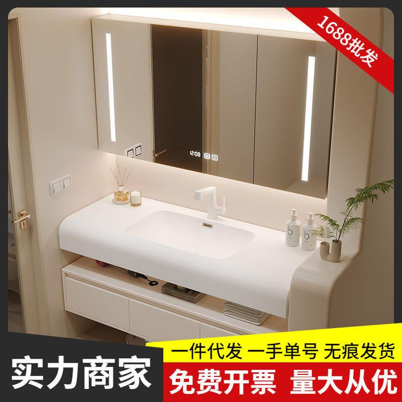 新款奶油风可丽耐一体盆浴室柜洗手洗脸喷轨组合卫生间洗漱台