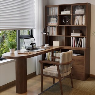 实木转角书桌书架一体桌子卧室靠墙L形电脑桌学生家用阅读学习桌