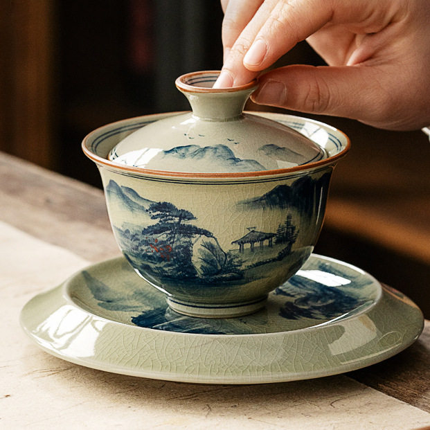 越窑手绘老陶泥三才盖碗手工高端柴烧陶瓷单个青花瓷泡茶大号茶碗
