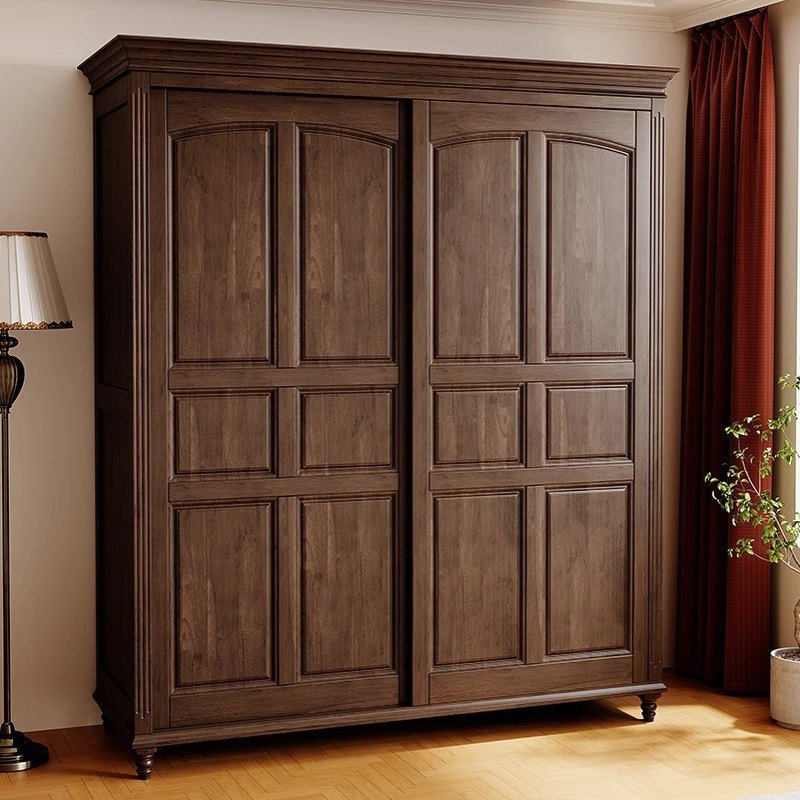 美式实木衣柜复古轻奢推拉门两门衣柜主卧房室内大容量收纳储物柜