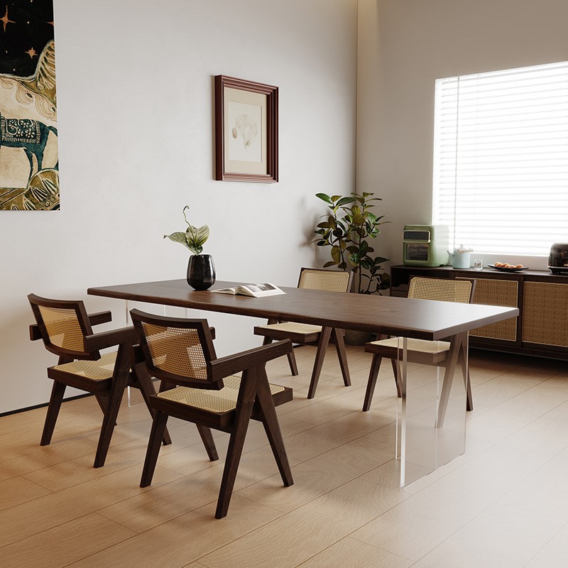 黑胡桃木餐桌亚克力悬浮简约书桌茶桌樱桃木松木实木家用客厅桌子