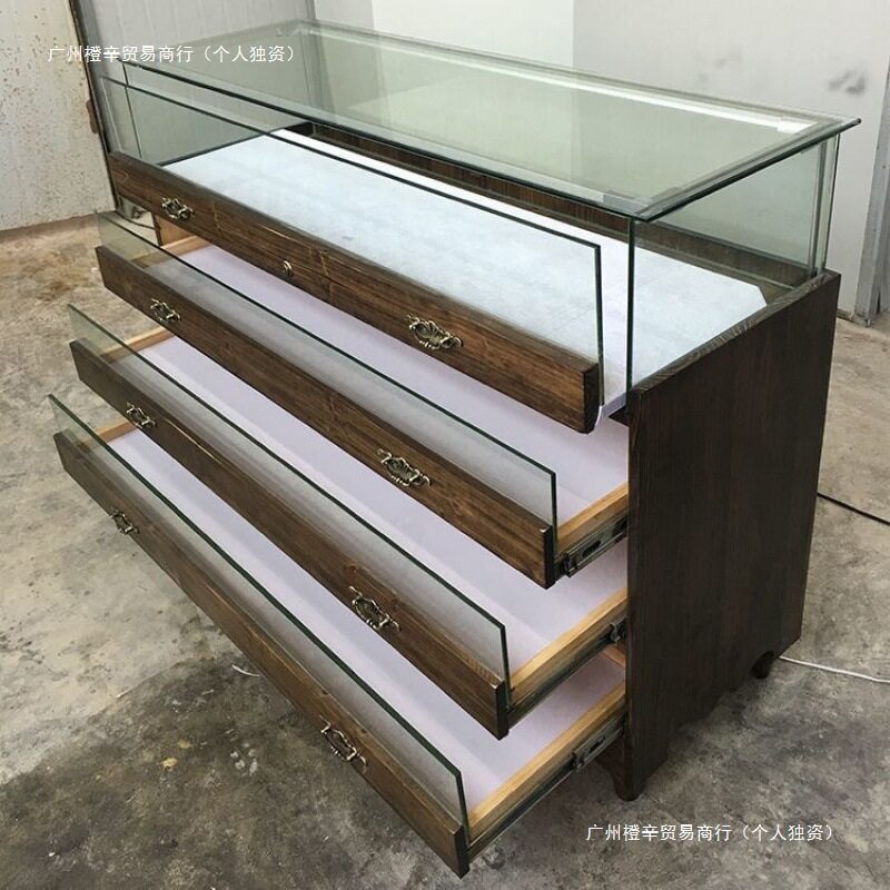 珠宝首饰展示柜实木复古饰品柜玻璃中岛柜古玩玉器仿古饰品陈列柜