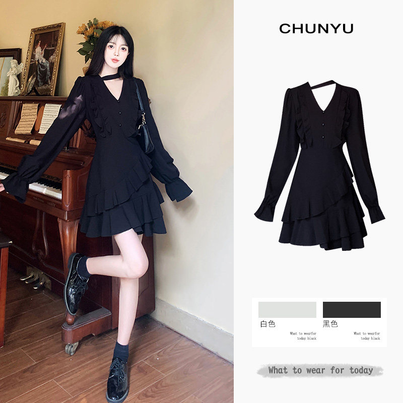 速发大码法式v领连衣裙裙质短款a字裙长袖气子计设感小众