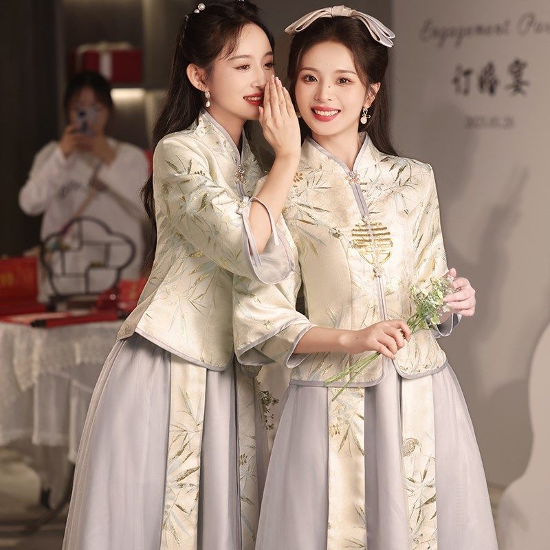 速发色中式伴娘服中国风202禾冬新款灰新长裙婚礼秀秋裙