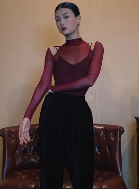 速发WYZ盖盖街舞气质体纱t恤打底衫高弹网纱连网衣士爵舞蹈服表演