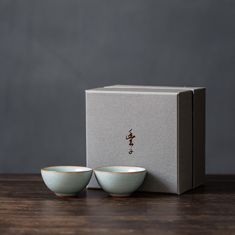 丰子汝窑 天青贝思杯2入 茶杯手工开片主人杯陶瓷汝瓷单杯子
