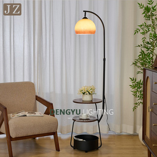 中古风客厅落地灯沙发旁边置物架一体卧室床头柜立式复古玻璃台灯