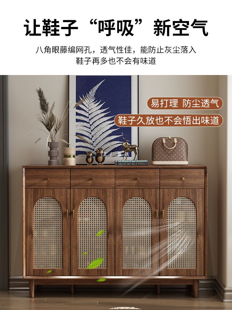 藤编鞋柜实木框家用门口玄关柜简约复古收纳柜储物柜新款门外鞋橱