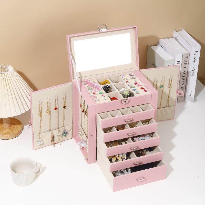 新款高级PU皮质化妆品首饰收纳盒 精致5层抽屉带钥匙公主风珠宝盒,包装,首饰包装,淘宝优惠券,粉丝福利购,淘宝优惠卷