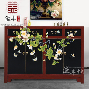 乡村中式复古彩绘四门鞋柜储物柜新古典玄关鞋柜实木门厅柜餐边柜