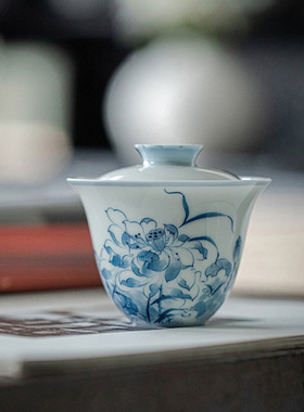 念云居二才盖碗青己釉下彩青花手绘白瓷带盖泡茶碗日式家用茶杯