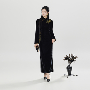 织造司晚来香【2/16 0点开售包邮】丝绒刺绣长袖旗袍礼服连衣裙女