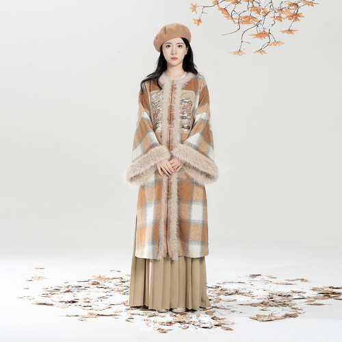 织造司[晚风欲雪]新中式圆领补大衣外套高领毛衣打底衫百褶裙套装