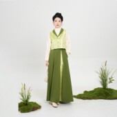 织造司 原创仿宋锦宝相花纹翻领马甲上衣松紧腰改良三裥长裙 翠茵