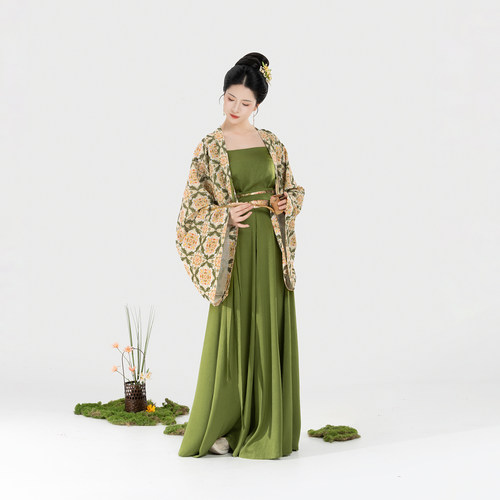 织造司[绿盏逢春]宝相花纹唐法门寺披衫汉服吊带宋抹一片式八破裙
