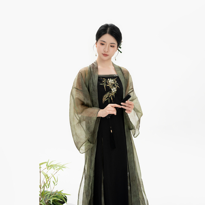 织造司[竹影纱]水墨国风褙子吊带连衣裙改良宋抹三裥裙假两件长裙