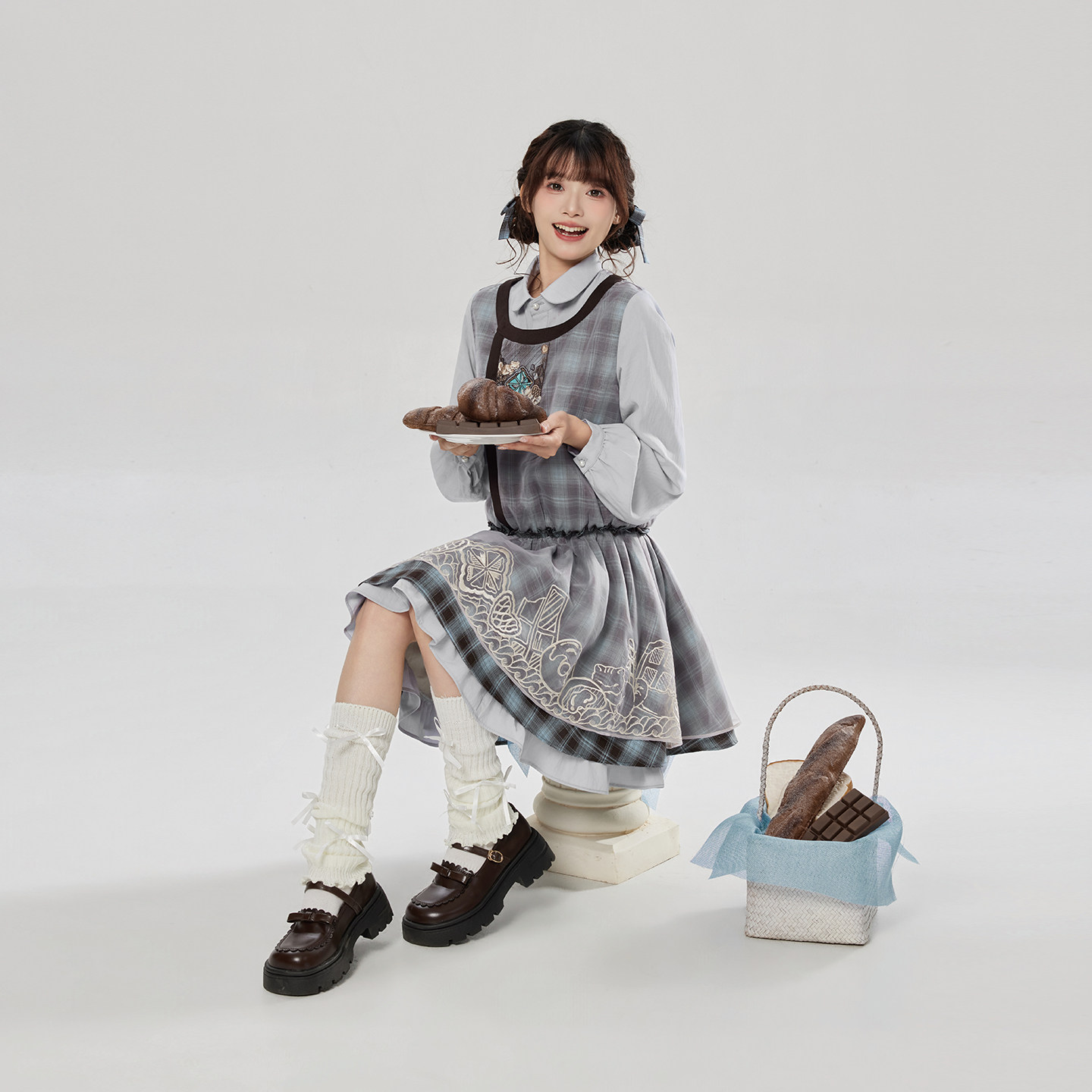 织造司[薄巧猫猫]学院风娃娃领假两件连衣裙女改良圆领袍低腰裙子