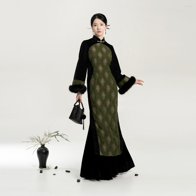 织造司[青黛湖]新中式丝绒改良旗袍长袖连衣裙女修身鱼尾裙半身裙