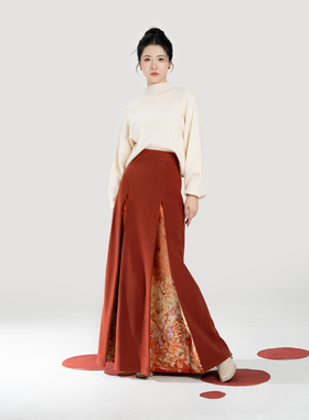 织造司[枫橘]新中式半高领打底毛衣女改良三裥裙遮胯显瘦半身裙子