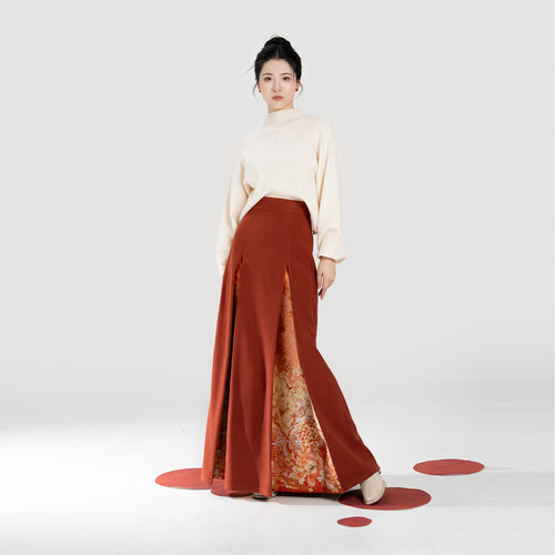 织造司[枫橘]新中式半高领打底毛衣女改良三裥裙遮胯显瘦半身裙子