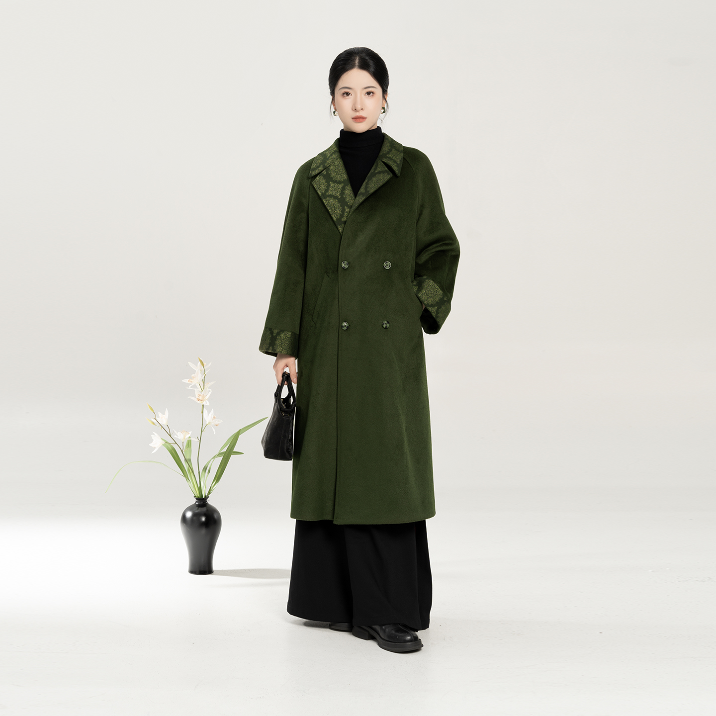 织造司[青黛山]新中式翻领羊毛呢子大衣外套针织高领毛衣阔腿宋裤