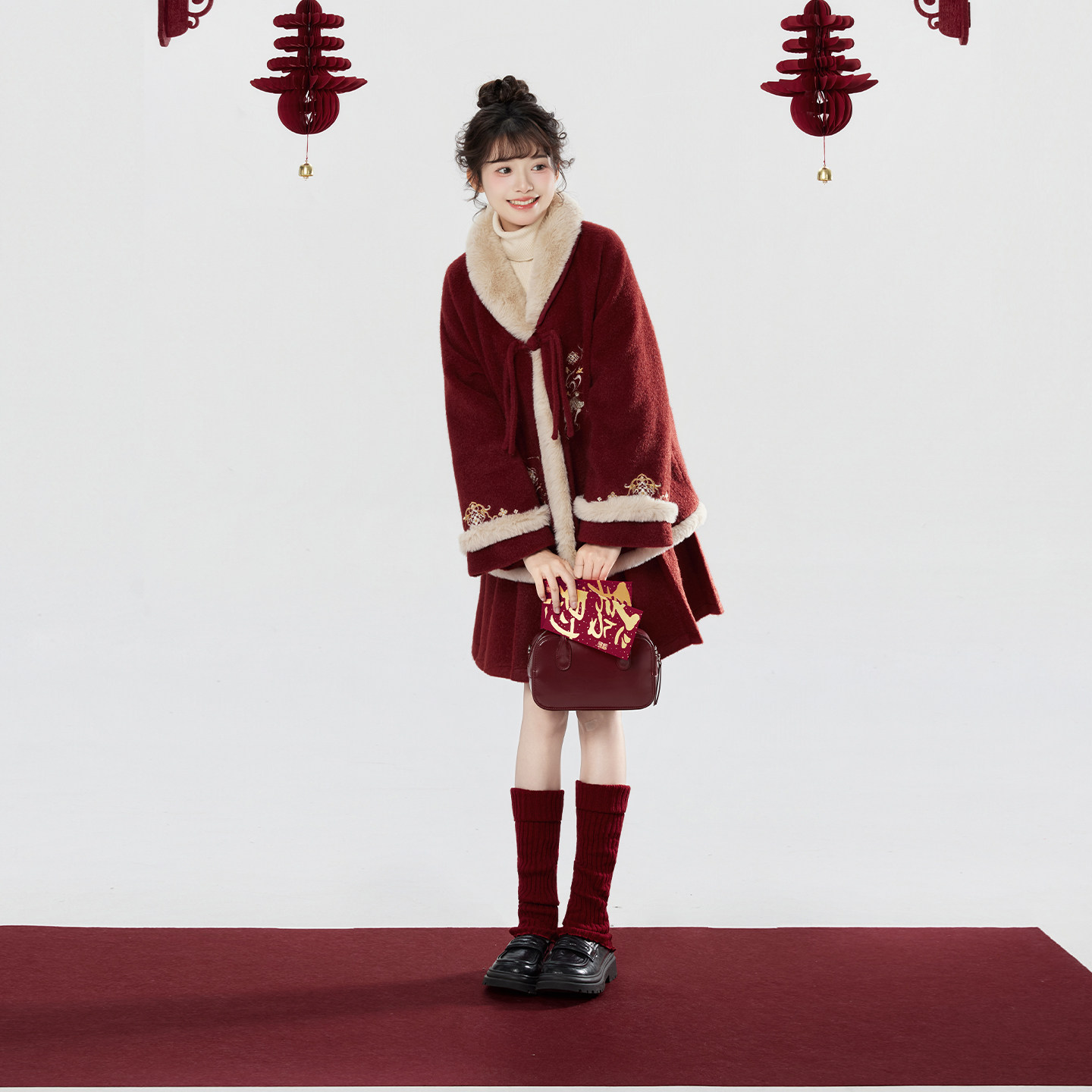 织造司×敦煌当代美术馆联名[福鹿鸣春]红色毛呢外套百褶裙短裙女,女装/女士精品,汉服套装,淘宝优惠券,粉丝福利购,淘宝优惠卷