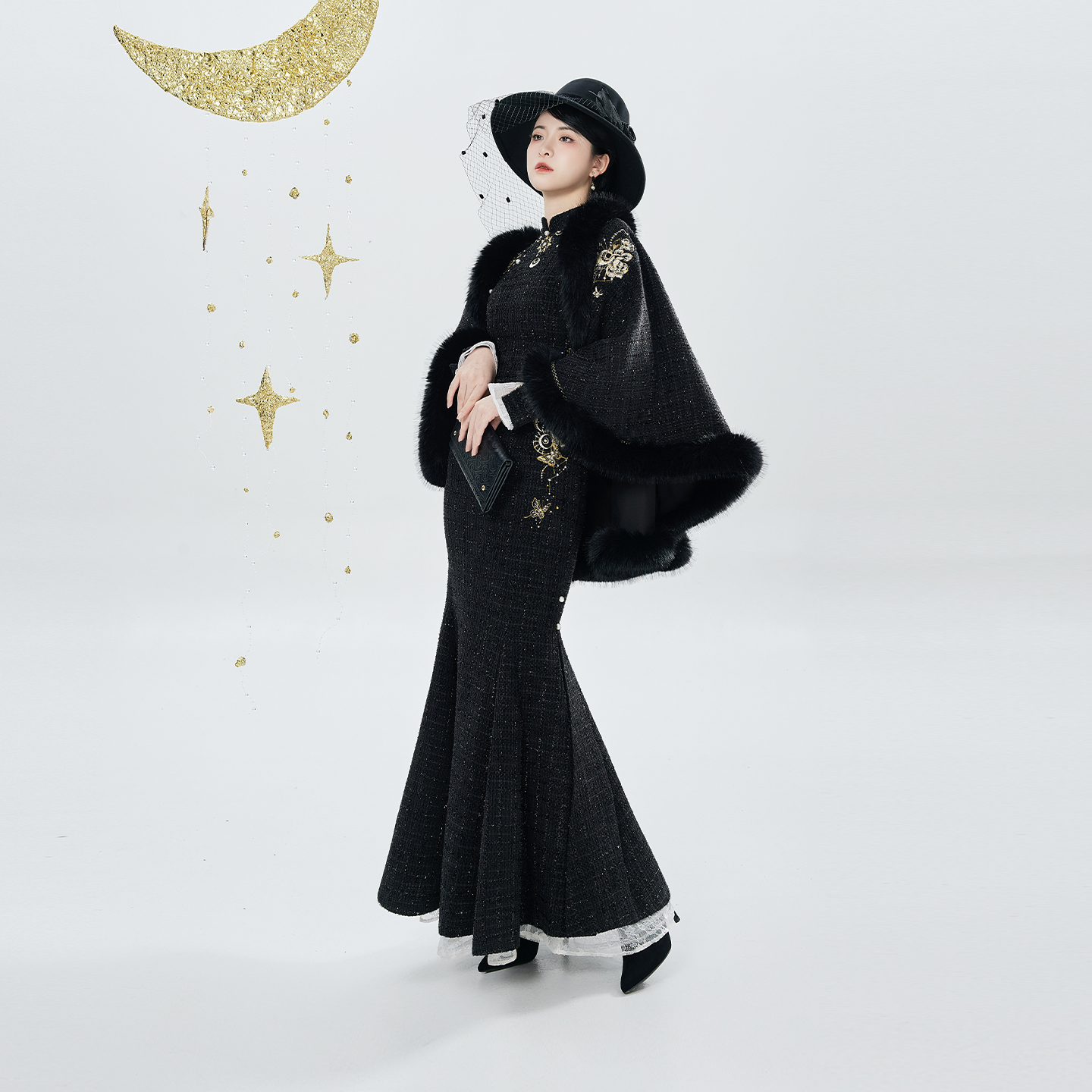 织造司[日月同姝]新中式千金小香风绣花斗篷外套旗袍连衣裙鱼尾裙