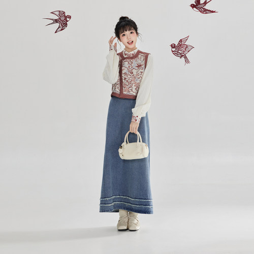织造司[鹊鸣春晓]新中式马甲立领衬衫牛仔裙a字半身裙女长款套装