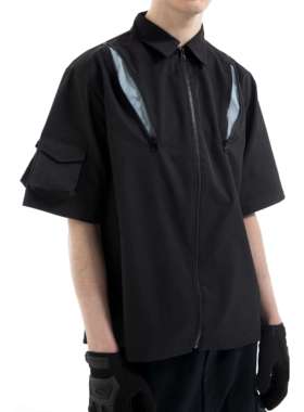 AVANT-Y 双层拉链多口袋多功能宽松立体剪裁廓形黑色短袖衬衫
