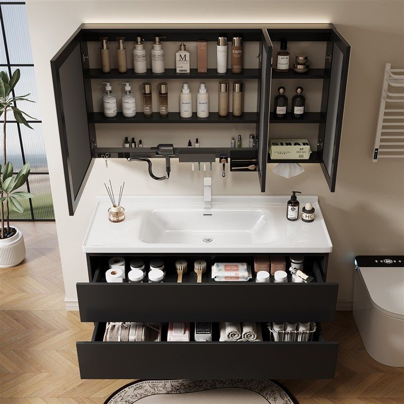 简约黑色浴室柜洗脸盆柜组合卫生间陶瓷一体洗脸盆柜洗漱台洗手盆
