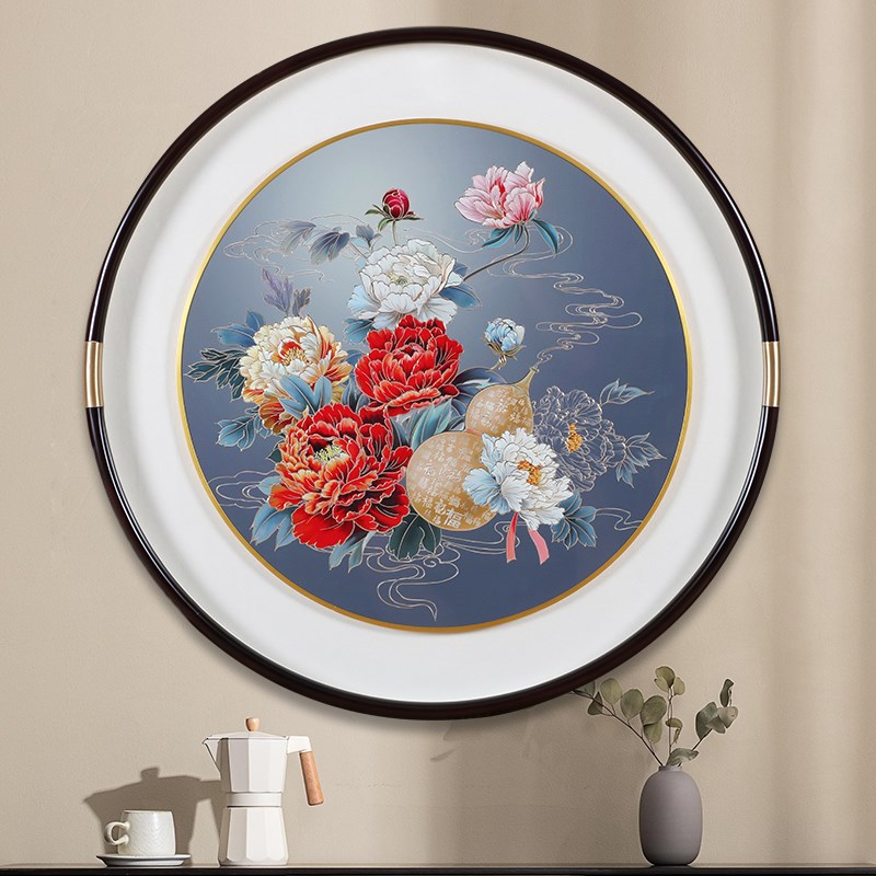 圆形牡丹葫芦铜g板手工装饰画 画新中式现代墙壁挂画 画走廊过道图片