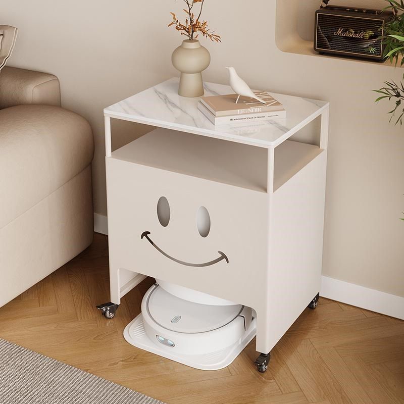 奶油风岩板扫地机器人上方置物架基站柜带轮子扫地机边几鱼缸柜子