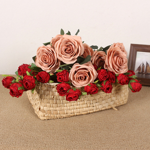 红色多头泡泡小玫瑰仿真花束 油画复古绢布假花手捧花DIY搭配材料