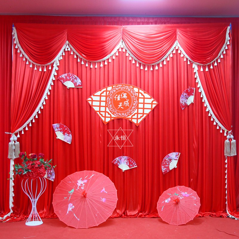 新款中式婚礼背景纱幔大红婚庆纱幔中式婚礼道具背景纱幔舞台背景