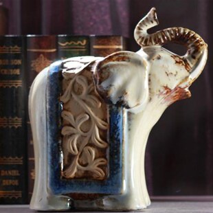 【嘉瓷】新窑变釉陶瓷大象复古中式家居装饰客厅摆件书房玄关招财