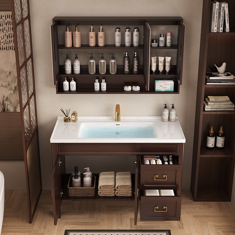 新中式橡木浴室柜陶瓷一体盆卫生间落地式智能洗手台洗脸盆柜组合